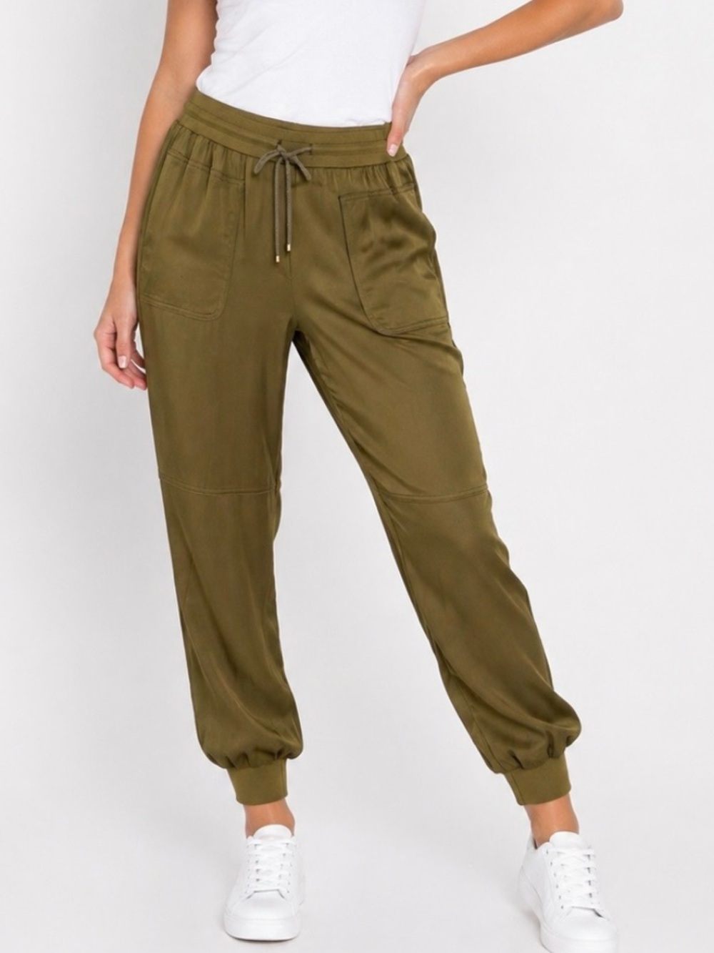 Trina Turk Bernelle Tapenade Olive-Green Straight Leg Satin Jogger Pants Size L